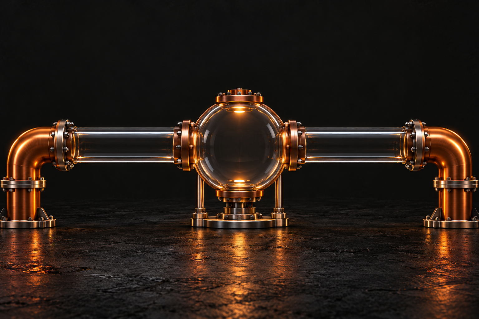 Glass conversion chamber with copper pipes in a dark machine room